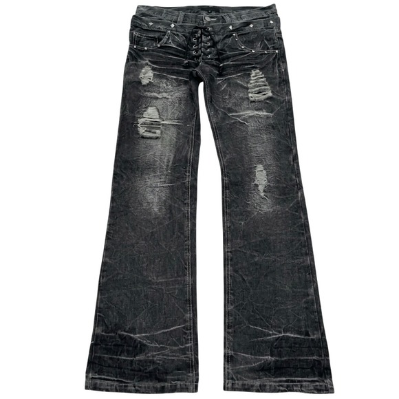 The Unbranded Brand Other - Mens Black Distressed Lace Up Front Flared Jeans Studded Punk Gothic Denim